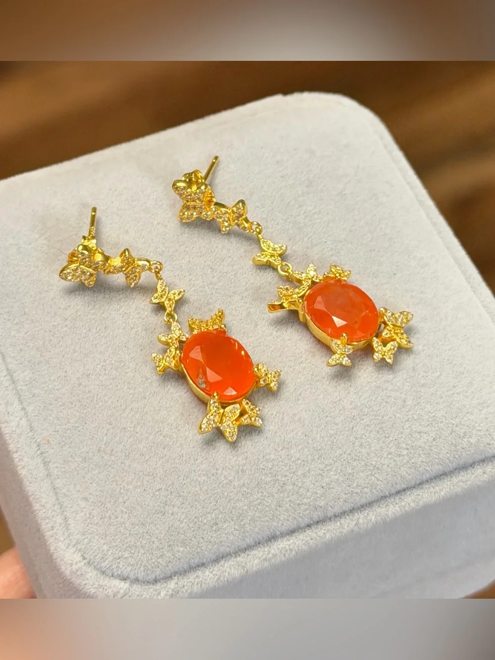 Natural Carnelian 3CT w/ Zircon in 18K Yellow Gold butterfly Dangle Earrings